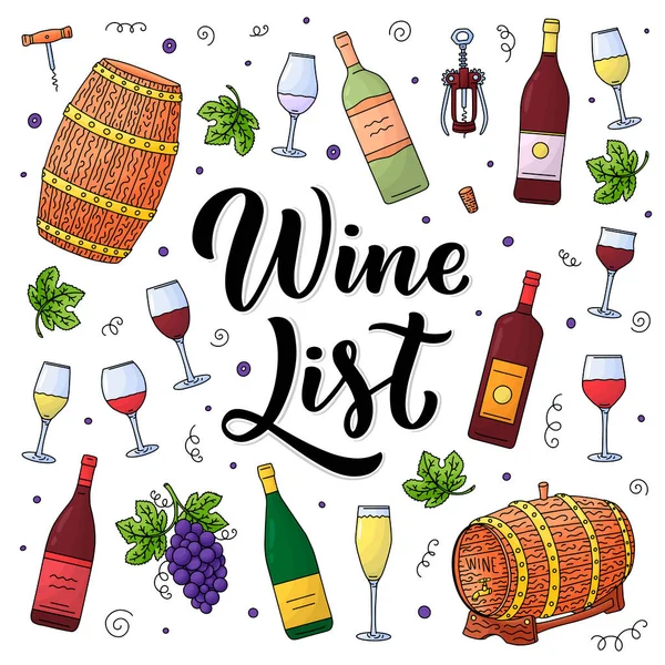 Carta Dei Vini Etichetta Confezione Elementi Design Illustrazione Stile Doodle — Vettoriale Stock