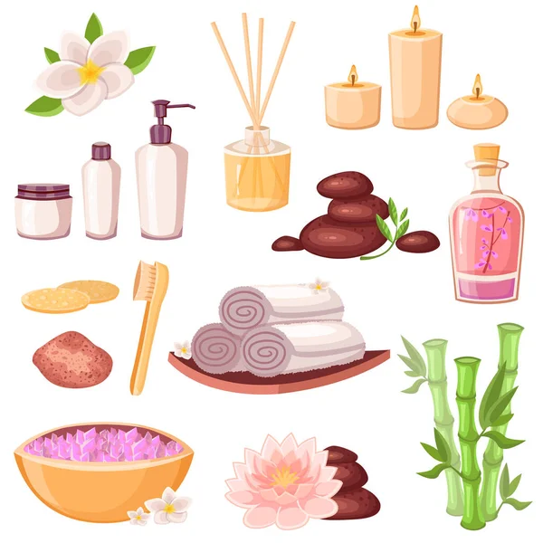 Spa Massage Schoonheidssalon Iconen Set Vector Cartoon Illustratie Lichaamsverzorging Natuurlijke — Stockvector