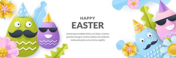 Easter Vector Banner Template Holiday Horizontal Background Paper Cut Funny — Stock Vector
