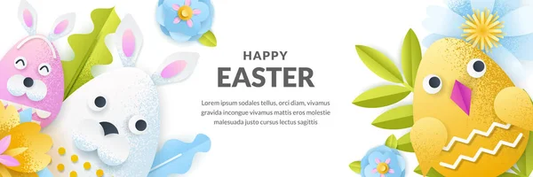 Easter Vector Banner Template Holiday Horizontal Background Paper Cut Cute — Stock Vector