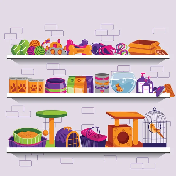 Pet Shop Ilustração Vetorial Prateleiras Mercado Com Alimentos Suprimentos Acessórios — Vetor de Stock