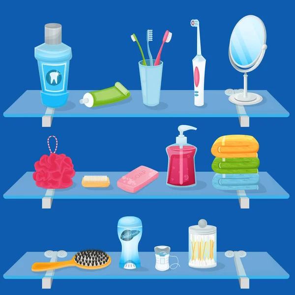Personliga Hygienartiklar Vektor Tecknad Illustration Badrum Glashyllor Med Tvål Tandborste — Stock vektor