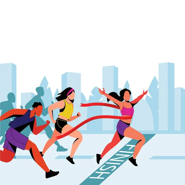 Giovane Ragazza Vince Nella Maratona Cittadina Illustrazione Piatta Vettoriale Vincitore — Vettoriale Stock