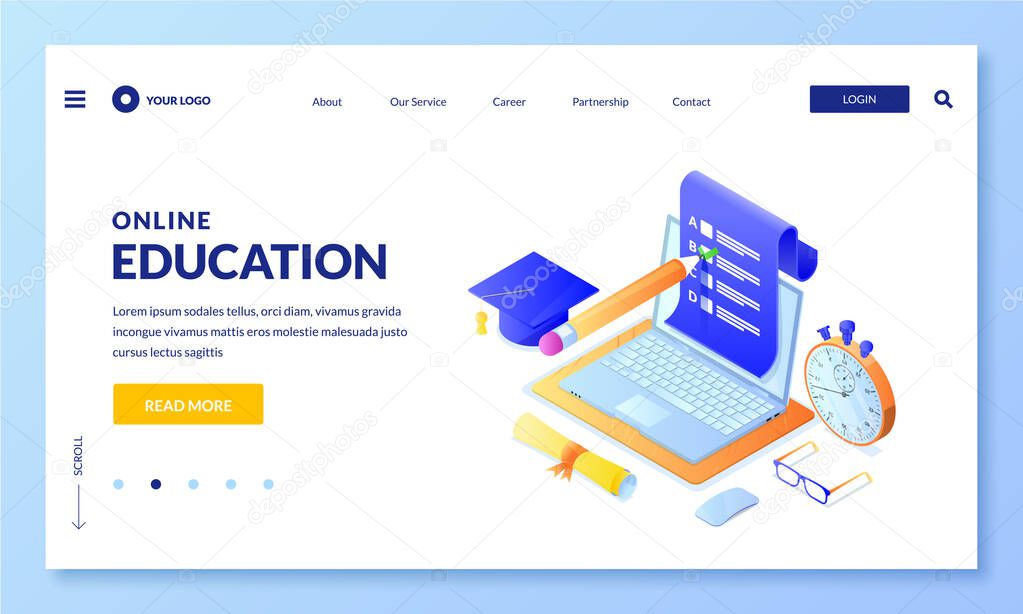 Online exam test vector 3d isometric illustration. Landing page or banner design template. Internet education, learning and training concept.