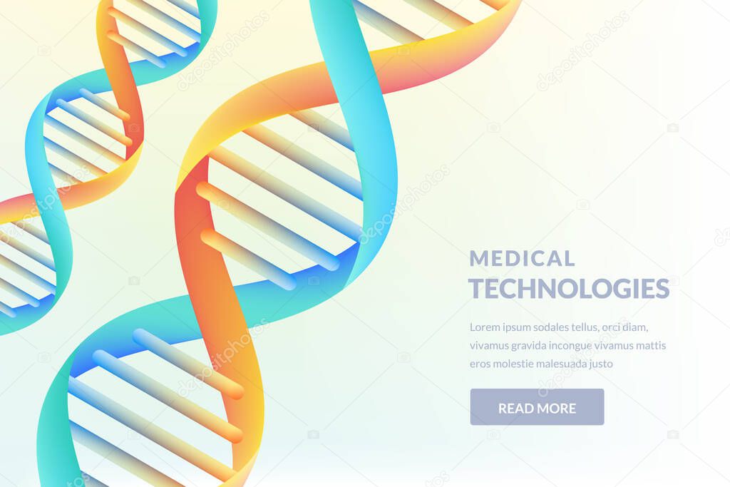 Multicolor 3d gradient DNA isolated on white background. Medical technology, biotechnology, science research concept. Vector abstract illustration.