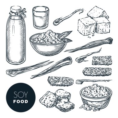 Soya yemeği vejetaryen ürünleri vektör illüstrasyonunu çizer. Soya sütü, tofu, lahana, et. El çizimi izole tasarım elemanları.