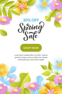 Bahar indirimi dikey poster, afiş, çerçeve. Vektör bayram tebrik kartı tasarımı şablonu. Kağıt katmanları güzel çiçek ve yaprakların tasvirini çiziyor..
