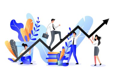 Business support and partnership concept. Vector trendy flat illustration. Businessman with briefcase climbs on the growth graph holding by team. clipart