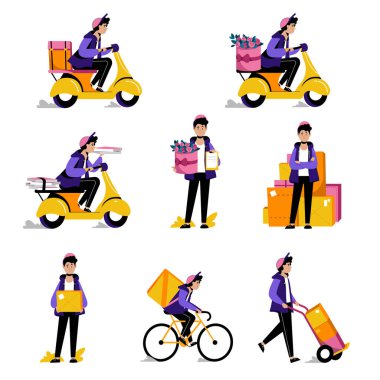Kurye paketleri, yemek ya da çiçek teslimat servisi. Vektör düz çizimler. Motosikletli ve motorlu paket kutusu olan adam..
