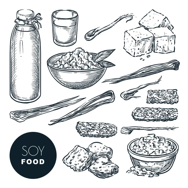 Soja Mat Vegetariska Produkter Skissa Vektor Illustration Sojamjölk Tofu Groddar — Stock vektor