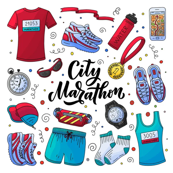 Marathon Vêtements Course Équipement Accessoires Kit Essentiel Illustration Vectorielle Style — Image vectorielle