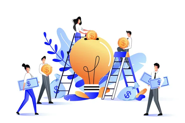 Crowdfunding Investimento Ideia Startup Negócios Ilustração Plana Vetorial Jovens Pôr — Vetor de Stock