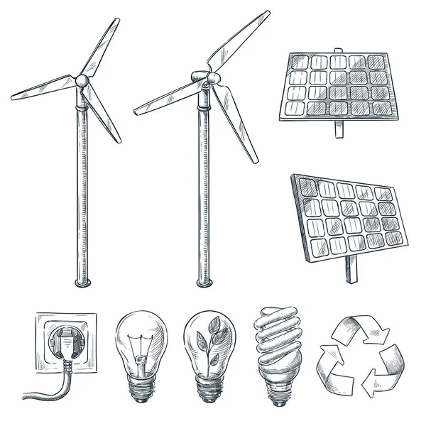 Alternatieve Ecologische Hernieuwbare Energiebronnen Vector Hand Getekend Schets Illustraties Windgenerator — Stockvector