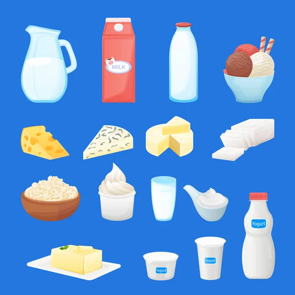 Dairy farm fresh products set. Vector cartoon healthy food illustration. Milk bottle, cottage cheese, yogurt package, butter icons.