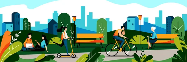 Pessoas Parque Cidade Ilustração Plana Vetorial Primavera Verão Conceito Atividade — Vetor de Stock