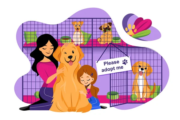 Pet Shelter Vector Flat 일러스트 노숙하는 동물을 입양하는 것입니다 엄마와 — 스톡 벡터