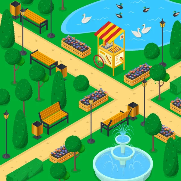 Пейзаж Городского Парка Изометрическая Векторная Иллюстрация Городской Сад Аллея Скамейки — стоковый вектор
