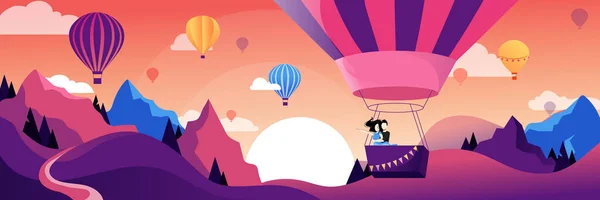 Casal Voando Balão Quente Acima Das Montanhas Balão Festival Vetor — Vetor de Stock