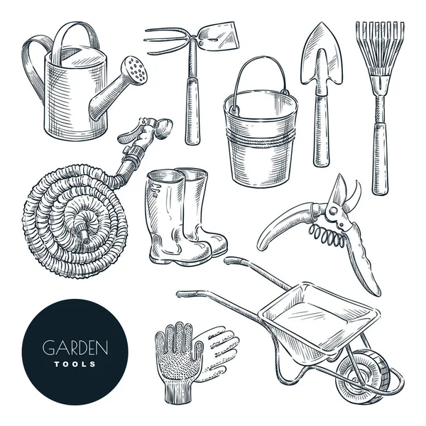 정원가꾸기와 스케치 일러스트 배경에 분리되어 정원의 아이콘과 디자인 — 스톡 벡터