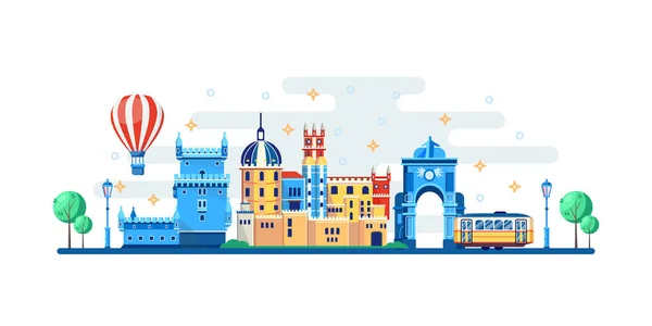 Paisaje Urbano Lisboa Con Famosos Monumentos Turísticos Ilustración Plana Vectorial — Vector de stock