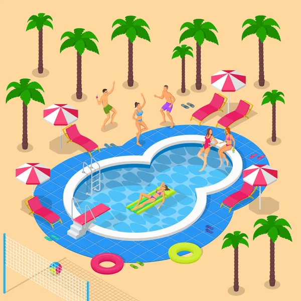 Zomervakantie Hotel Resort Vector Isometrische Illustratie Zomer Zwembad Party Design — Stockvector