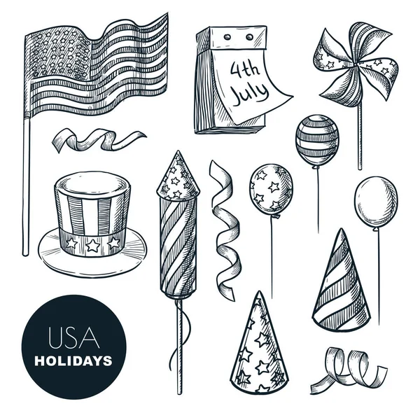 Nationalfeiertagssymbole Der Usa Vektorskizze Illustration Vereinzelte Handgezeichnete Gestaltungselemente Für Den — Stockvektor