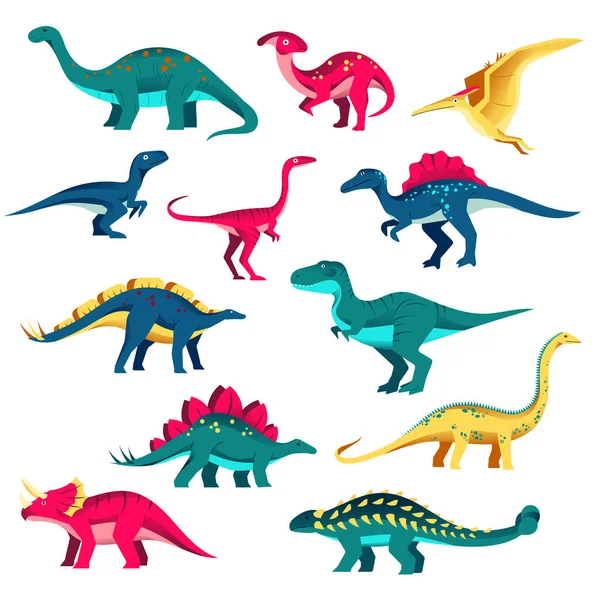 Cartoon Dinosaurus Personages Set Vector Kleurrijke Platte Illustratie Leuke Dino — Stockvector