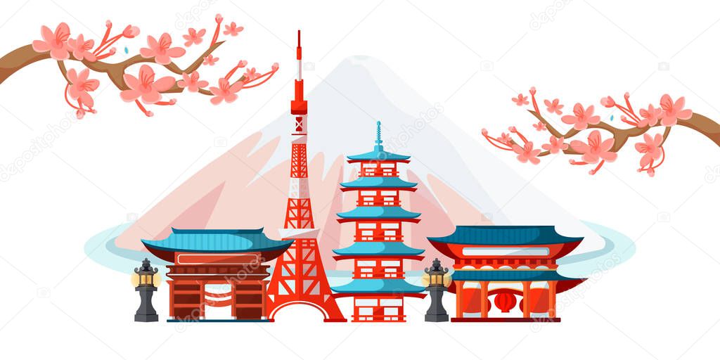 Tokyo cityscape with famous touristic landmarks. Vector flat illustration. Travel to Japan horizontal banner design. Japanese landscape with traditional houses on Fuji mountain background.