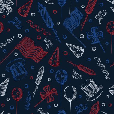 ABD 'de tatil kusursuzdur. Vektör el çizimi çizimi çizimi. Amerikan ulusal sembolleri, 4 Temmuz Bağımsızlık Günü kutlaması. Mavi donanma baskı arkaplanı.