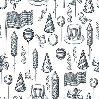 ABD 'de tatil kusursuzdur. Vektör çizimi çizimi. Siyah beyaz baskı arka planı. Amerikan ulusal sembolleri, 4 Temmuz Bağımsızlık Günü kutlamaları.