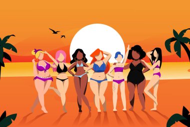 Kumsalda mutlu genç kadınlar. Vektör karikatür düz çizim. Artı beden modelleri moda bikinili güzel kızlar. Vücut pozitif konsept.