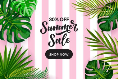 Tropik yaz yeşili çerçeve. El yazısıyla çizilmiş afiş, el ilanı ya da poster tasarımı şablonu. Pembe çizgili arka planda palmiye yaprakları. Vektör çizgi film illüstrasyonu.