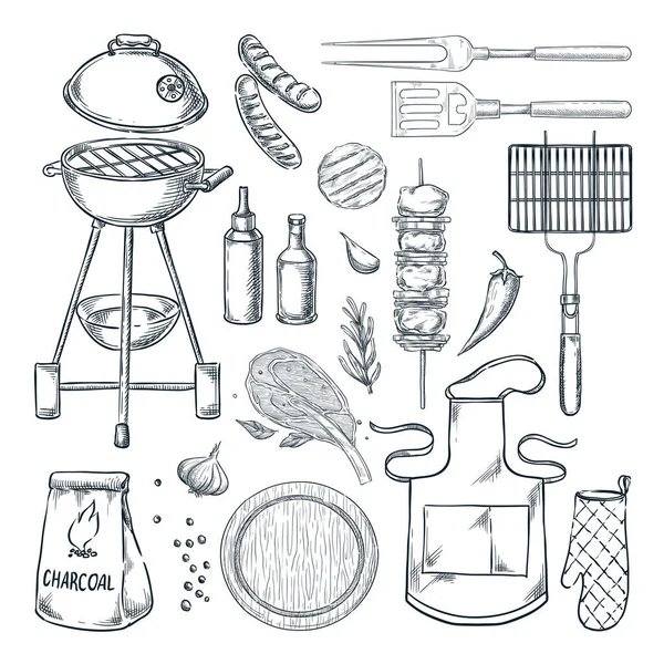 Bbq Grill Vector Schets Illustratie Barbecue Set Geïsoleerd Witte Achtergrond — Stockvector