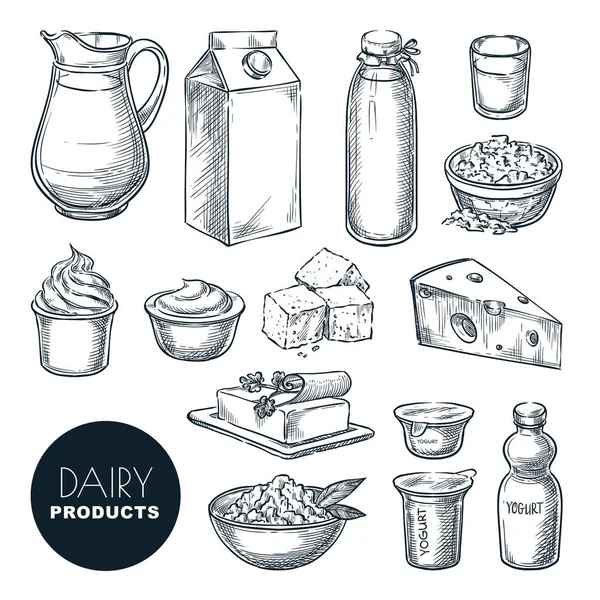 Sada Čerstvých Produktů Mléčné Farmy Vektorový Ručně Kreslený Náčrt Láhev — Stockový vektor