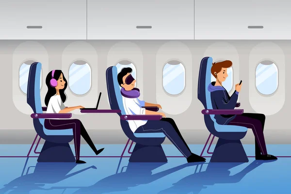 人们乘坐经济舱的飞机旅行 飞机的内部与睡觉和工作的乘客 矢量平面卡通画 — 图库矢量图片