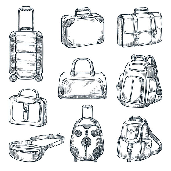 Чемодан и сумки старинные значки набор, изолированные на белом фоне. Векторный эскиз. Элементы дизайна багажа для путешествий.