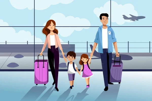 Familia Feliz Con Dos Hijos Que Van Sus Vacaciones Verano — Vector de stock