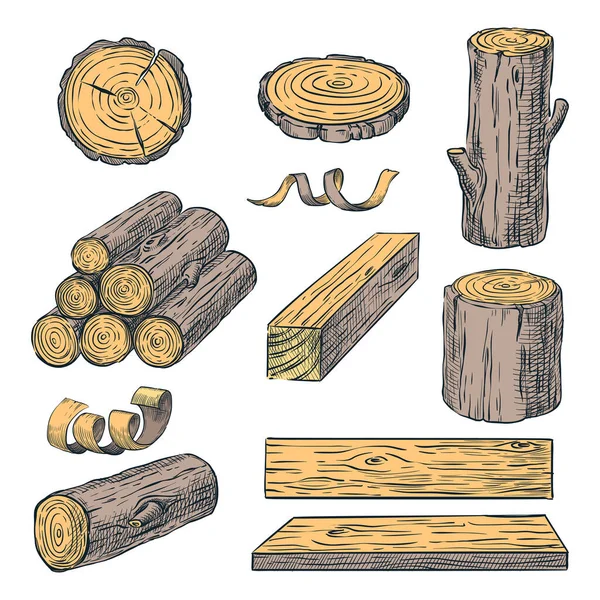 나무로 통나무 줄기와 널빤지 스케치 손으로 재료는 배경에 분리되어 — 스톡 벡터