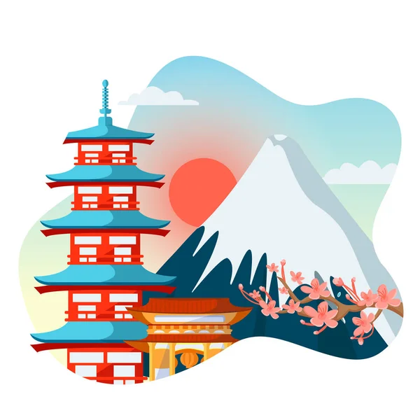 日本のカラフルな塔 富士山の背景に桜の花 日本への旅行ベクトルフラット漫画イラスト アジアの伝統建築と景観 — ストックベクタ