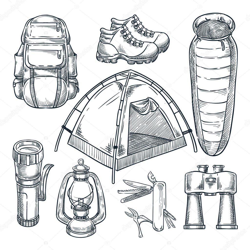 Camping and hike items set. Vector hand drawn sketch illustration. Camp stuff design elements isolated on white background.