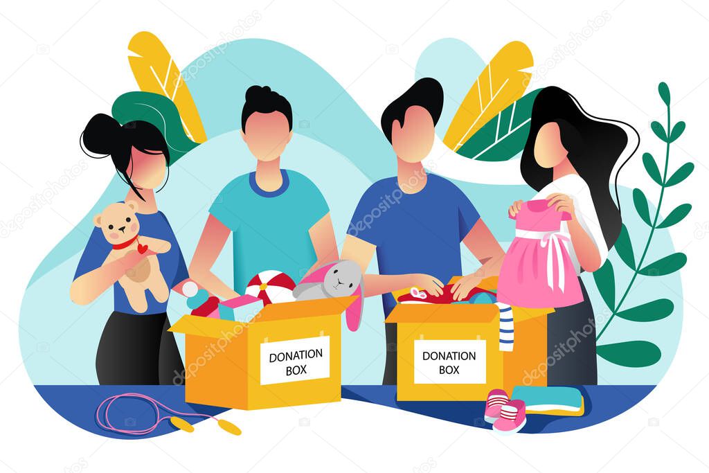 Toys and kids clothes donation. Vector trendy flat cartoon illustration. Social care, volunteering and charity concept. Volunteer people collect donations into boxes.