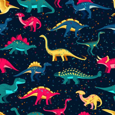 Siyah arka planda renkli şirin dinozorlar. Vektör kusursuz desen. Eğlenceli tekstil çizgi film çocukları baskı tasarımı.