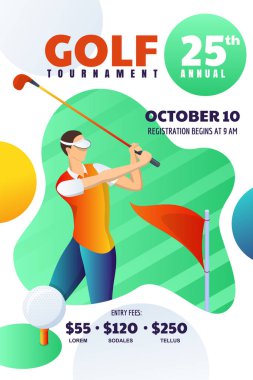 Golf turnuvası ya da yarışma, poster, broşür, bilet düzeni. Golf oynayan ve topa vuran genç adamın modern illüstrasyonunu canlandırın. Metin için yeri olan soyut afiş arkaplanı.