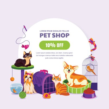 Evcil hayvan dükkanı posteri ya da pankart tasarımı şablonu. Kedi, köpek, akvaryum balığı ve kanaryanın vektör çizimi. Hayvan maması, aksesuar ve oyuncakçı. İndirim veya indirim kuponu kavramı.