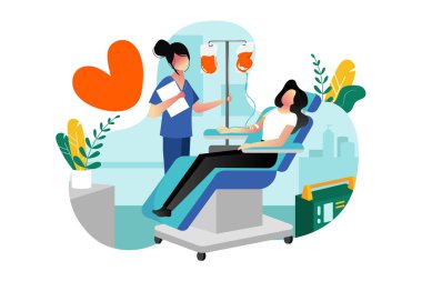 Blood donation, transfusion. Vector flat cartoon illustration. Volunteer female donor donating blood in medical hospital laboratory. World blood donor day concept. clipart