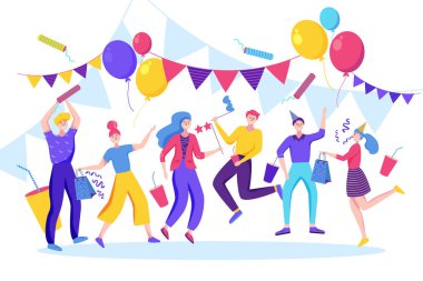 Mutlu insanlar doğum gününü, yeni yılı ya da başka bir bayram etkinliğini kutlar. Vektör düz çizim. Zıplayan ve dans eden genç erkekler ve kadınlar eğlenceli bir parti verir..