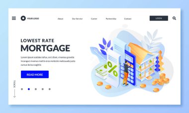 Ev kredisi kavramı ya da gayrimenkul yatırımları. Adam ev kredisi oranını hesaplıyor. Web iniş sayfası, pankart veya poster tasarımı için vektör 3d izometrik illüstrasyon.