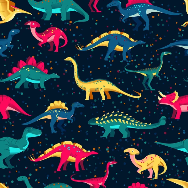 Dinossauros Bonitos Coloridos Fundo Preto Padrão Sem Costura Vetorial Divertido — Vetor de Stock