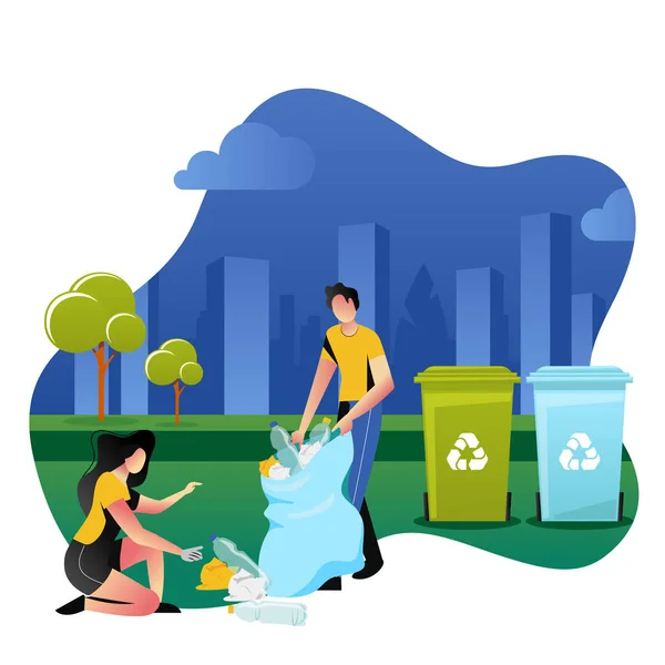 ボランティアは屋外でプラスチックごみを拾います ボランティア 生態学 環境の概念 ベクトル漫画のフラットイラスト 廃棄物の分別とリサイクル — ストックベクタ