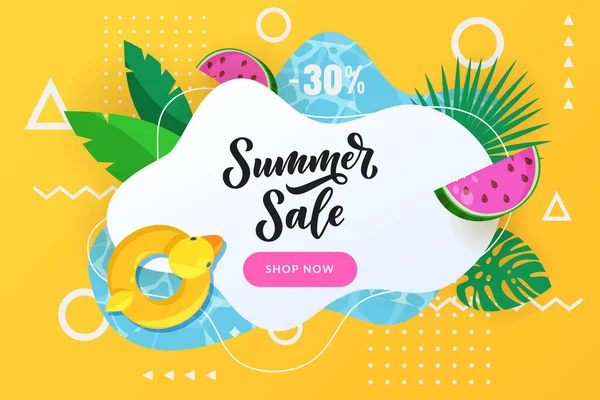 Summer Discount Sale Poster Banner Design Template Vector Flat Cartoon — Stock Vector
